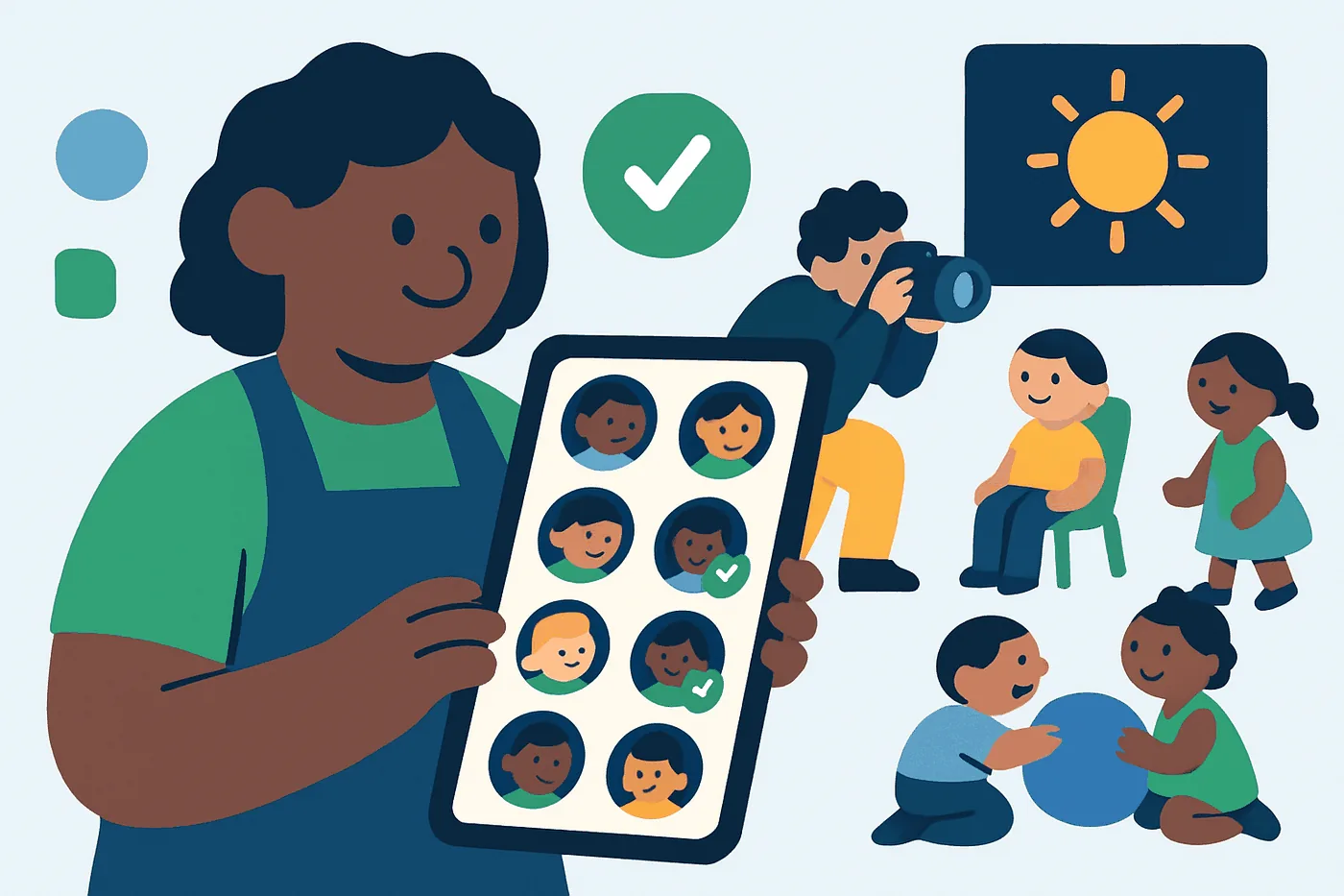 A tablet checklist of children with green ticks while a photographer works in the background