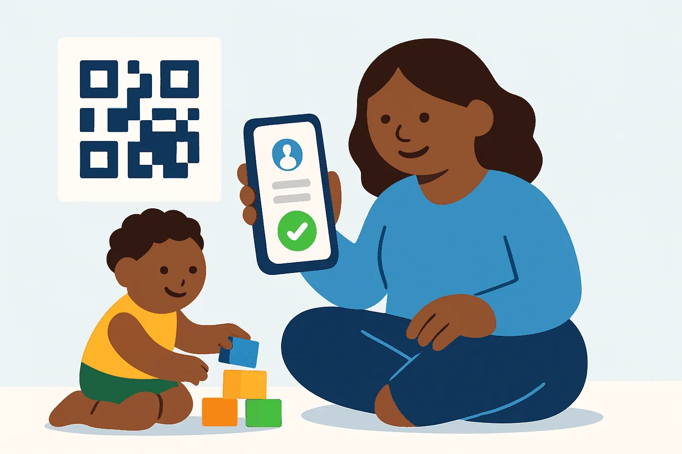 A parent registering their child on a phone next to a QR code poster